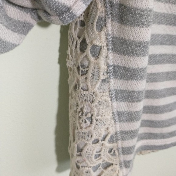 French Laundry Gray White Stripe Terry Longline Drawstring Neck Longsleeve top M - Picture 6 of 16